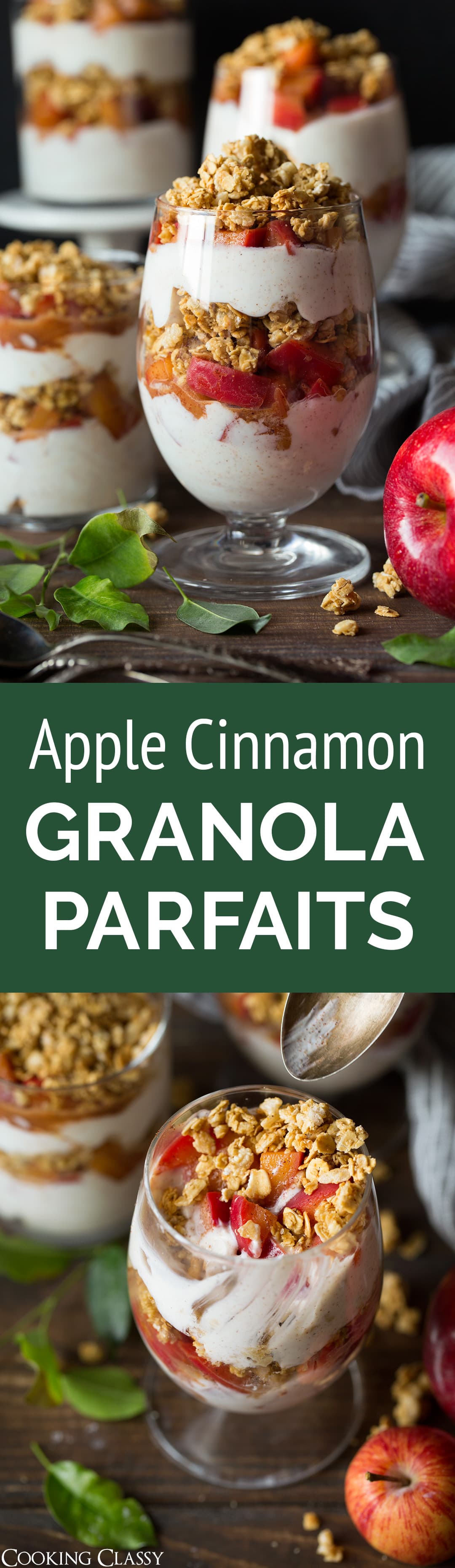 Apple Cinnamon Granola Parfaits - These parfaits make the perfect breakfast treat! They are made up of three delicious layers, a tangy Greek yogurt layer, a perfectly spiced and softened apple layer, and a crunchy honey granola layer. Try them and you'll know why I made them twice in one week! #apple #granolaparfait #yogurtparfait #breakfast #healthyrecipe #applepie