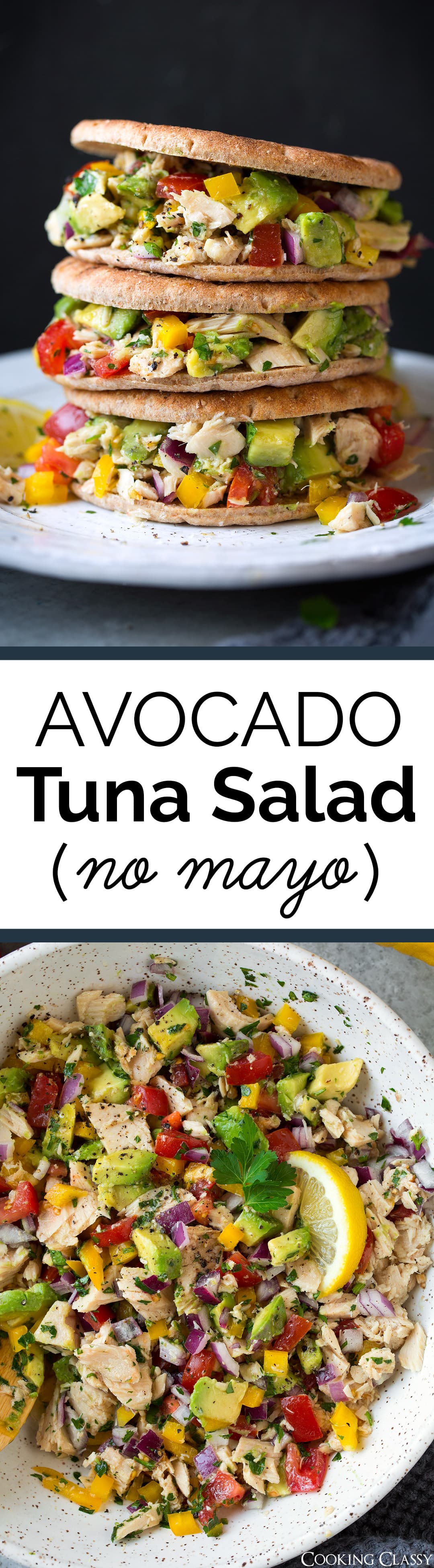 Avocado Tuna Salad - A delicious mayo-free tuna salad made with olive oil. Full of bright flavors, a pretty variety of colors, and a nice blend of textures. Perfect for lunch or a lazy dinner. #avocado #tunasalad #lunch #sandwich #recipe