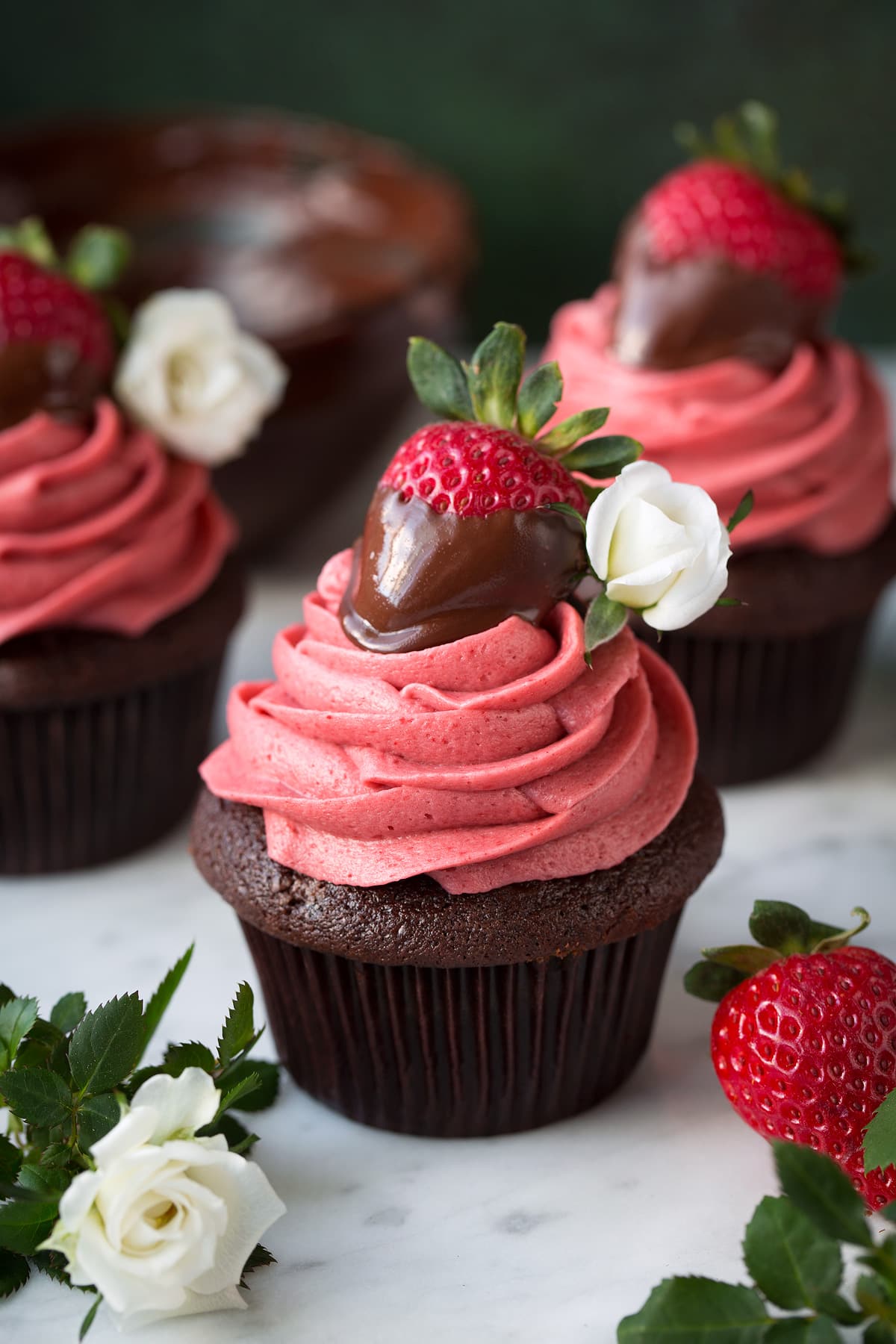 Chocolate Cupcakes with Strawberry Buttercream Frosting and Chocolate Covered Strawberries