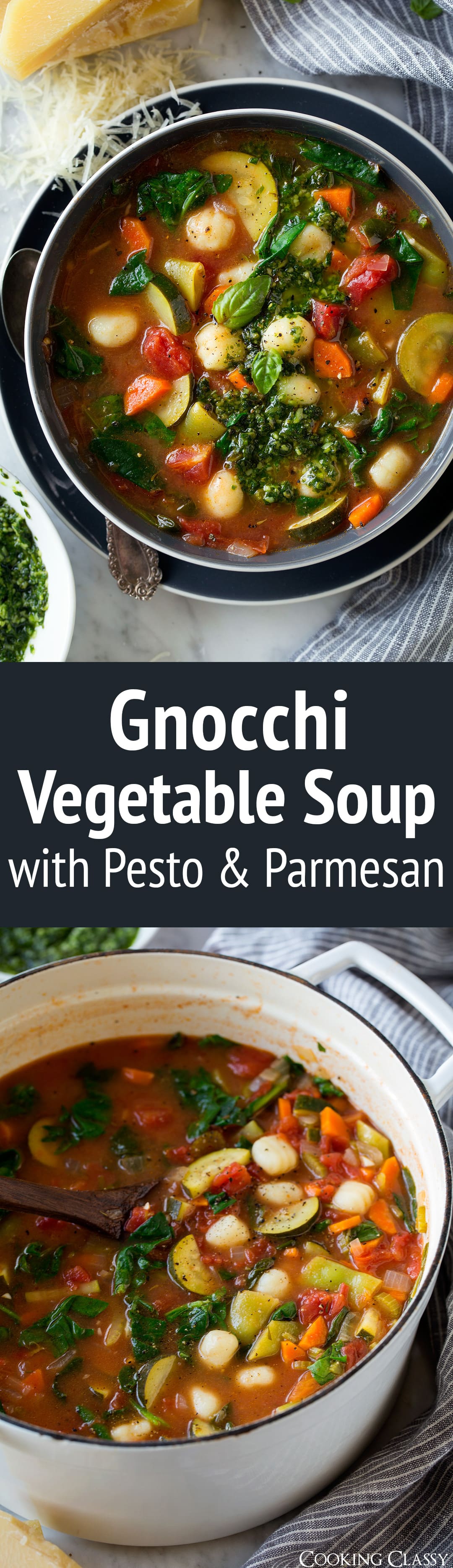 Gnocchi Vegetable Soup with Pesto and Parmesan - A hearty minestrone style soup with an upgrade of gnocchi and homemade pesto, in other words it's perfectly delicious! Just what you need on a cold winter day - or even a warm summer day when you have an abundance of fresh summer produce to use up. #soup #gnocchi #parmesan #vegetablesoup #dinner #healthyrecipe