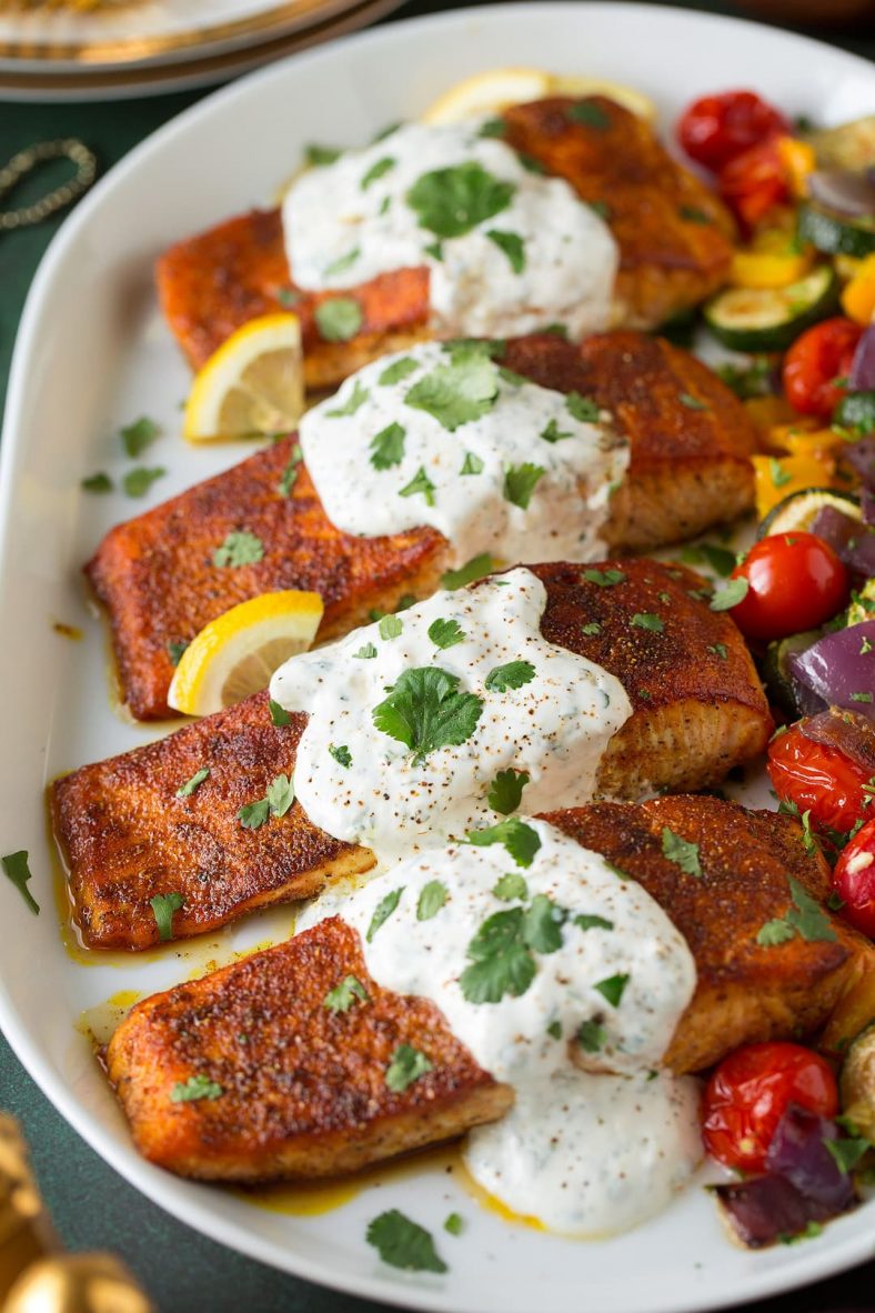 Moroccan Spiced Salmon with Lemon Yogurt Sauce Cooking Classy