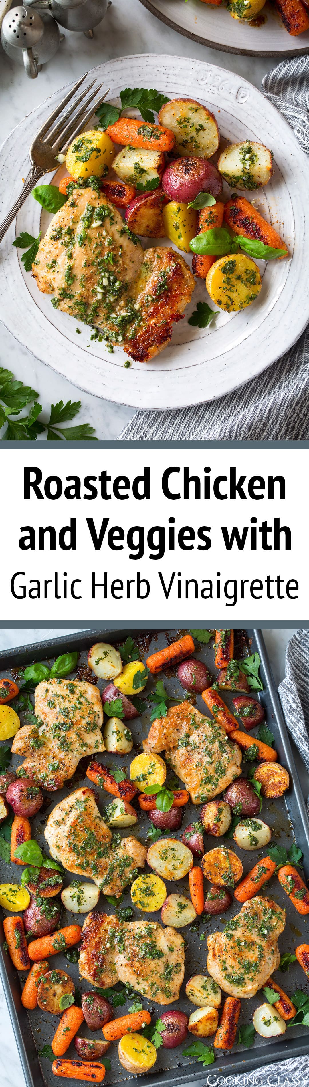 Roasted Chicken and Veggies with Garlic Herb Vinaigrette -
this is such an easy tasty recipe to add to the collection! And while it doesn't use chicken breasts, you'll love the rich flavor of the chicken thighs! This is healthy, it's filling and it's packed with flavor. What more could you ask for in a dinner? #chicken #recipe #sheetpan #dinner #herbvinaigrette