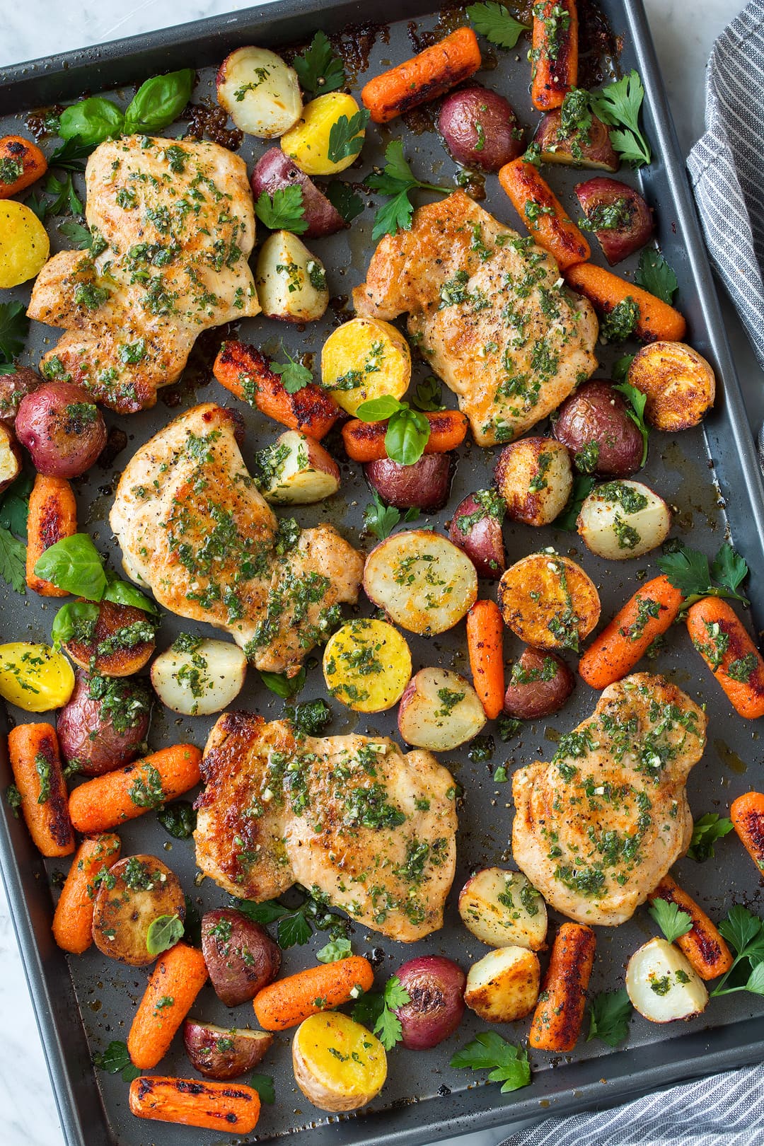 Sheet Pan Roasted Chicken and Veggies with Herb Vinaigrette