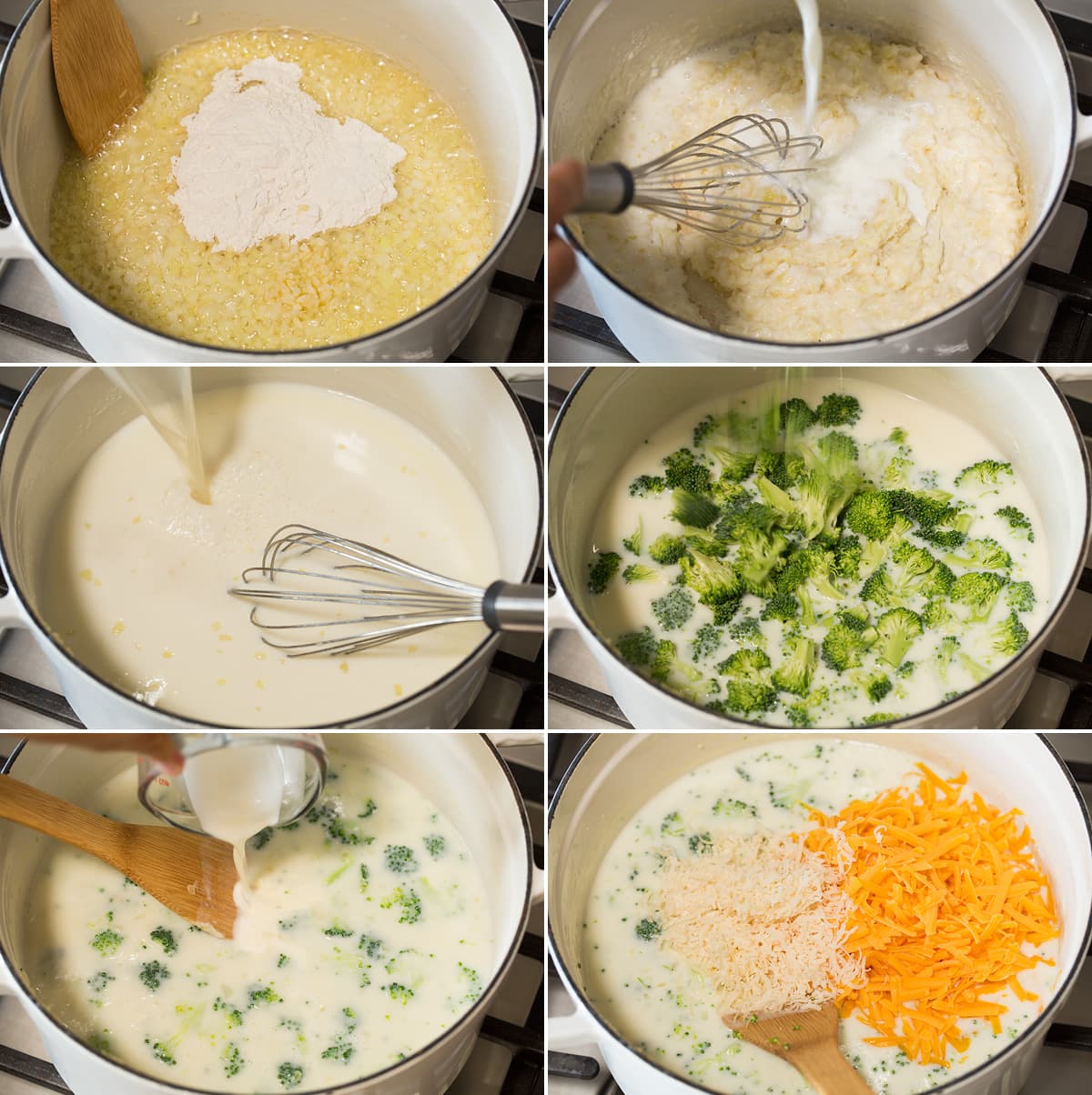 Collage of six images showing steps of making broccoli cheese soup. Shows making roux and bachamel sauce, adding broccoli and cooking, mixing in cream and finishing with shredded cheeses.
