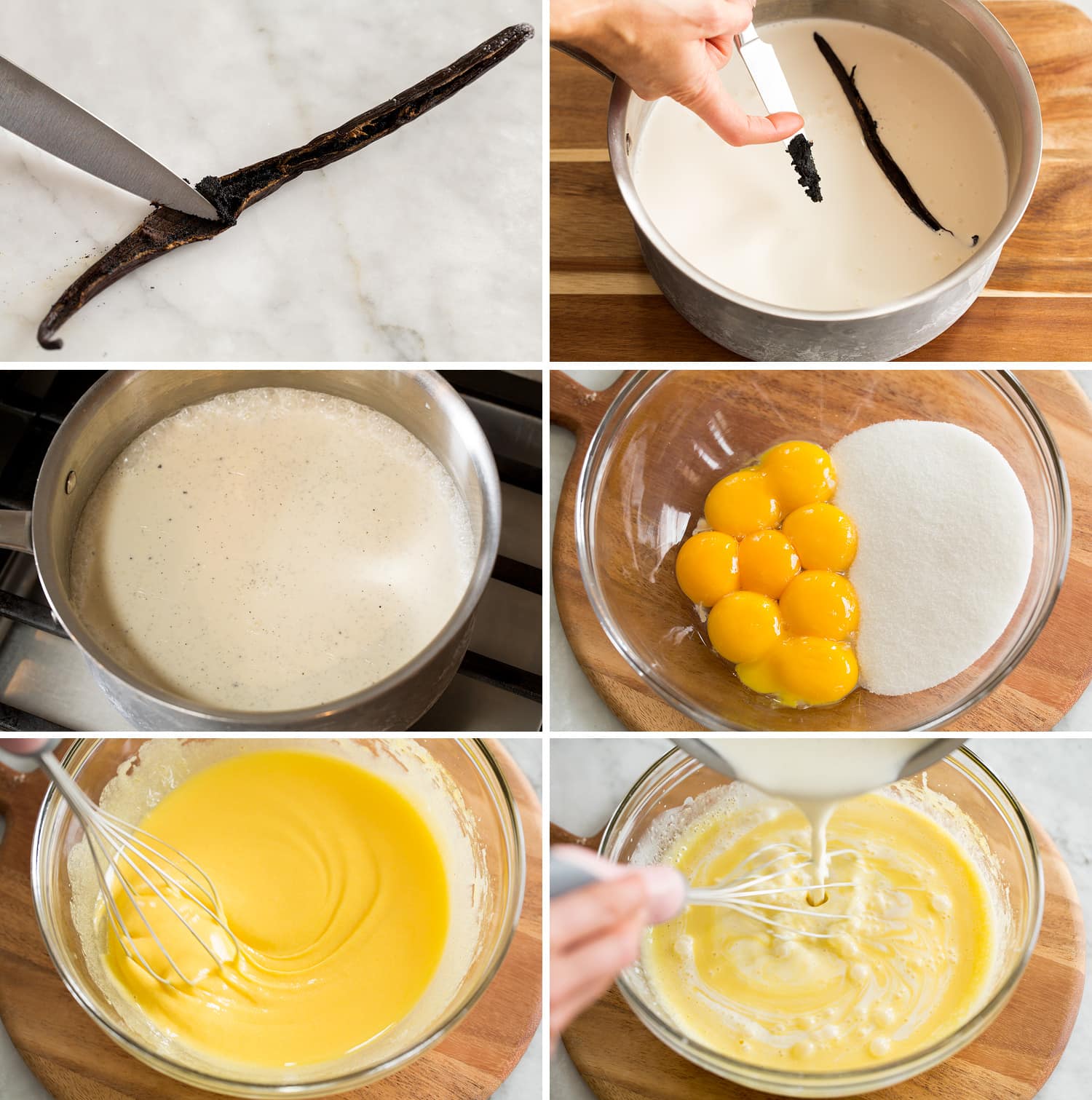 Six steps showing how to make creme brûlée custard.
