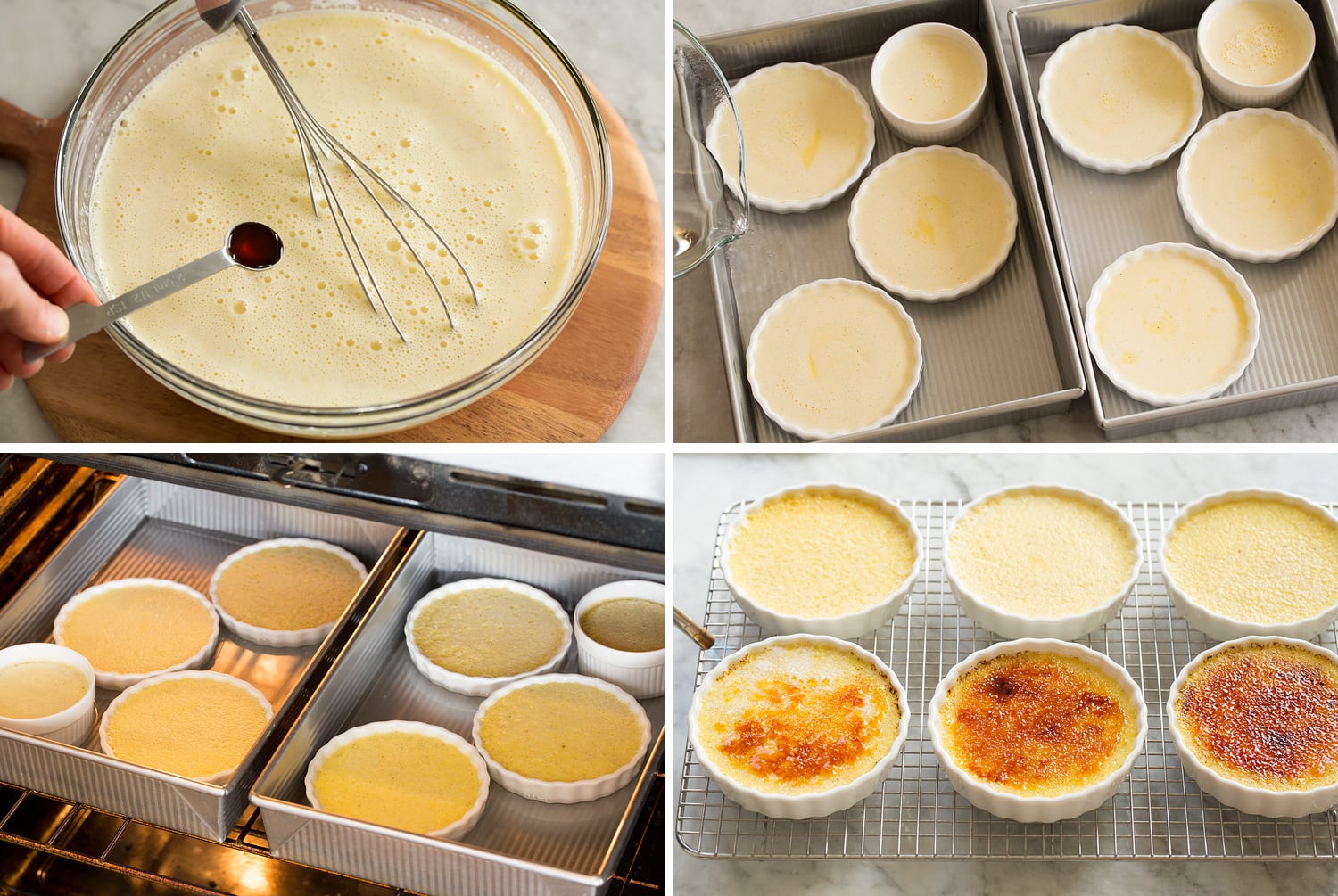 Four photos showing how fill custard cups and bake creme brûlée in a water bath.