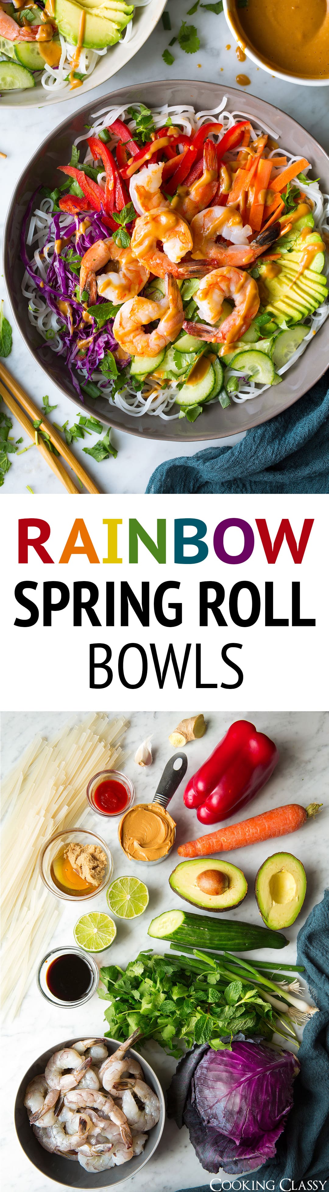 Rainbow Spring Roll Bowls with Peanut Sauce these are SO GOOD! They're boasting with bright and rich flavors and a beautiful array of colors. Then add shrimp or chicken to the mix to make them that much more filling. I just can't get enough of these bowls! #springrolls #summerrolls #chicken #shrimp #bowls #healthyrecipe #thai