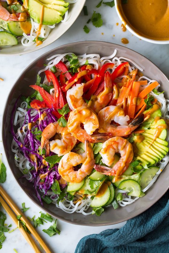 Rainbow Spring Roll Bowls with Shrimp or Chicken and Peanut Sauce