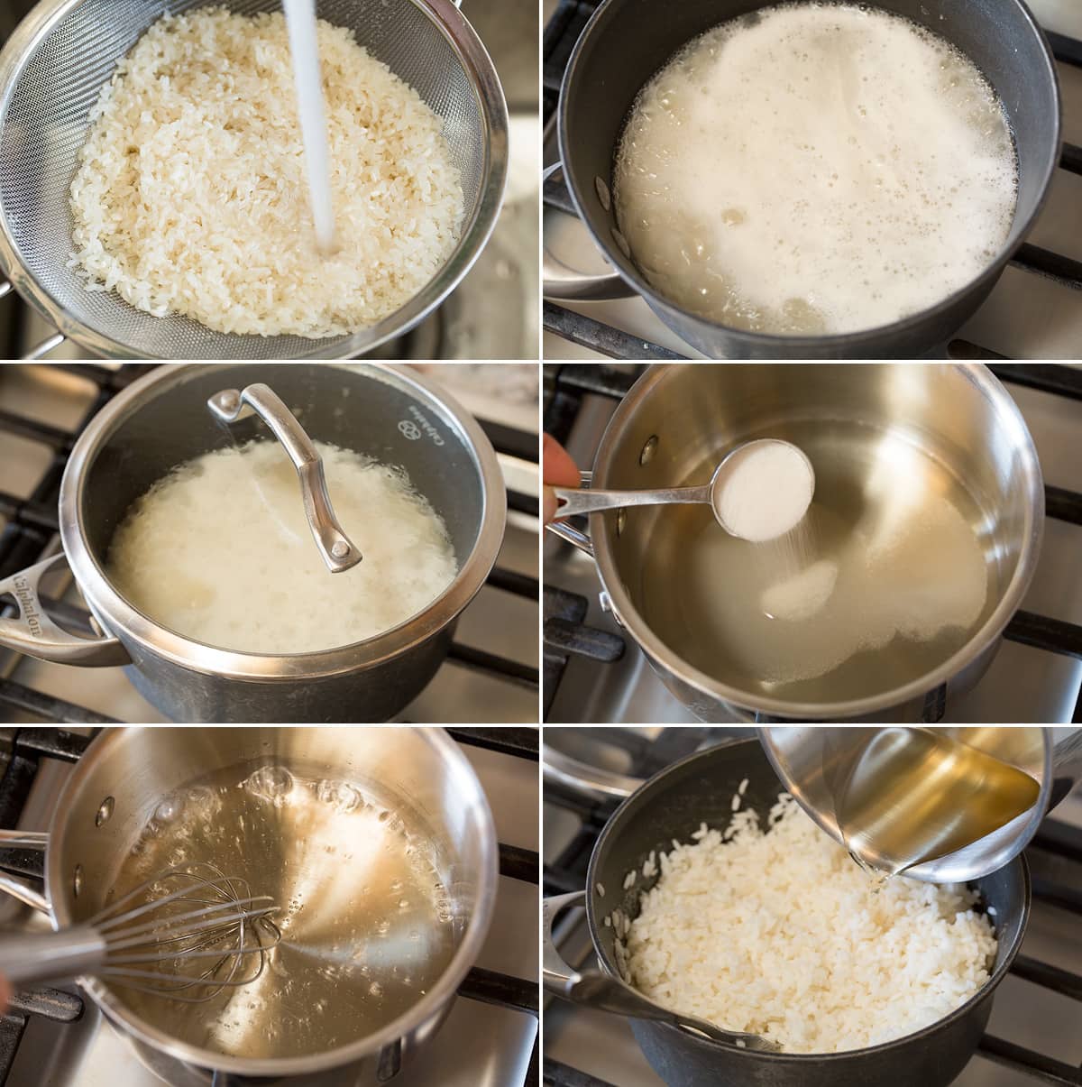 Collage of six photos showing steps of making sushi rice in a saucepan.