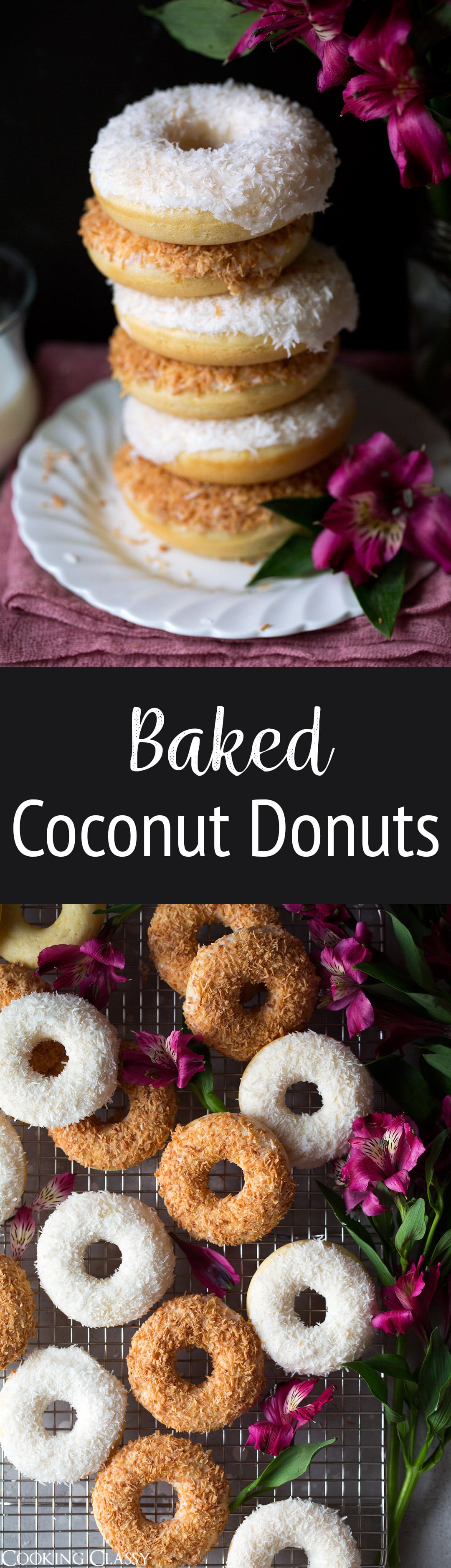 Baked Coconut Donuts - Here you get a melt-in-your-mouth-soft, baked cake donut covered with a sweet glaze and they are finished with finely shredded coconut (toasted or not). And you'll find plenty of coconut flavor through every layer. One dreamy donut! #coconut #donuts #doughnuts #recipe #dessert #breakfast