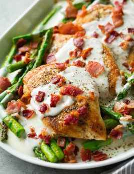 Chicken and Asparagus with Provolone Cheese Sauce and Bacon