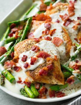 Chicken and Asparagus with Provolone Cheese Sauce and Bacon