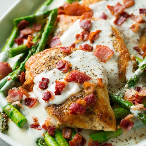 Chicken and Asparagus with Provolone Cheese Sauce and Bacon Cooking