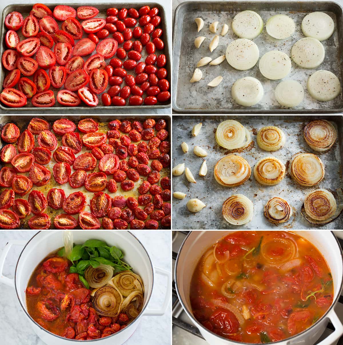Collage of six photos showing steps of roasting tomatoes and onions and garlic. Then shows soup in a pot before and after cooking.