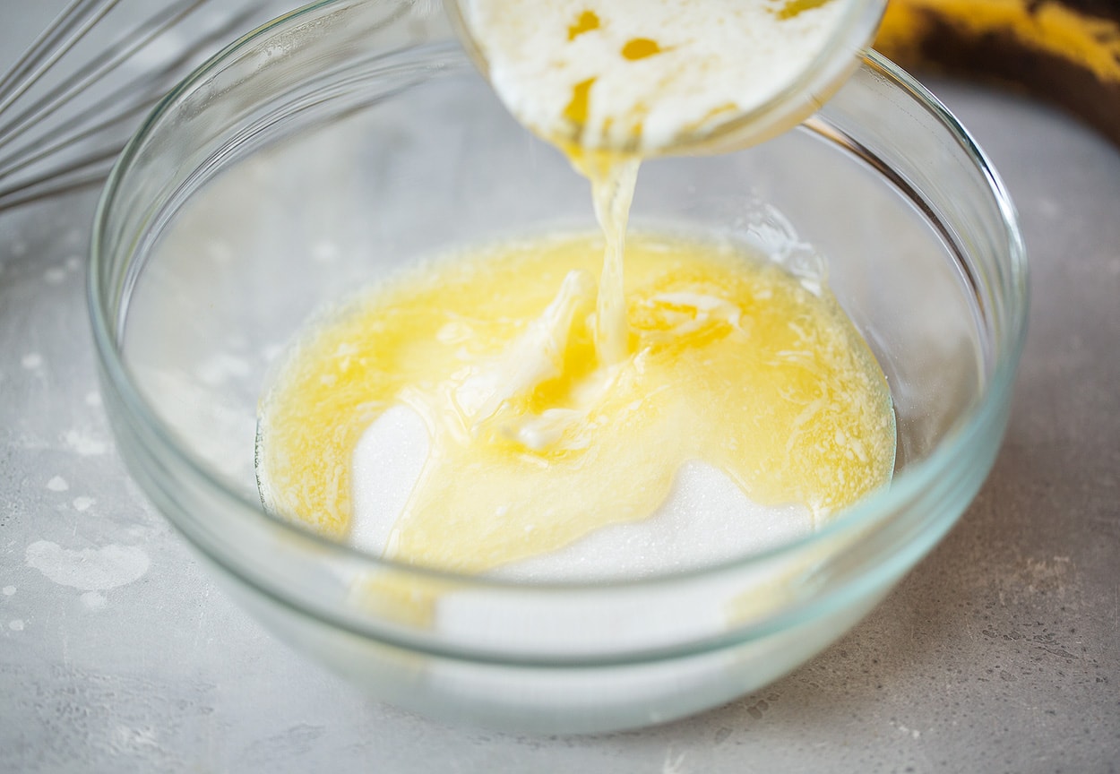 butter and sugar mixture for banana bread in a bowl