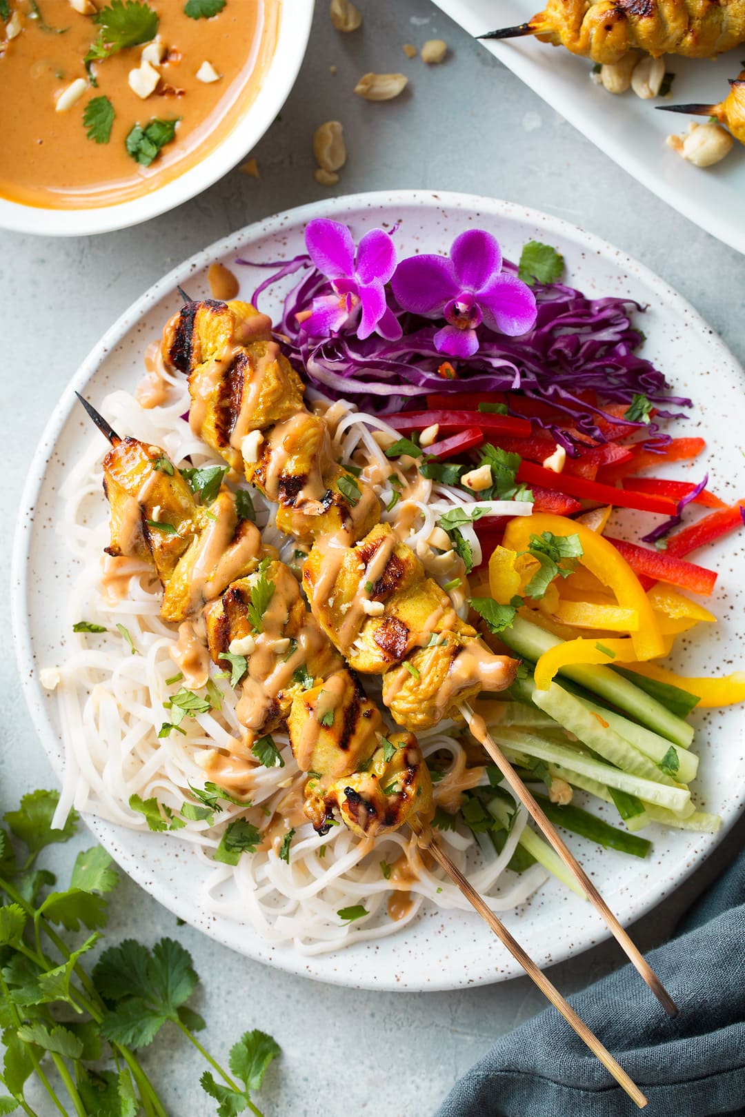 chicken satay skewers atop rice noodles on plate with sliced fresh veggies