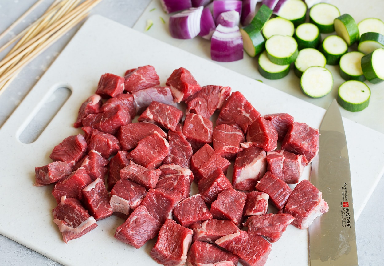 diced steak zucchini red onions for steak kebabs with chumichurri