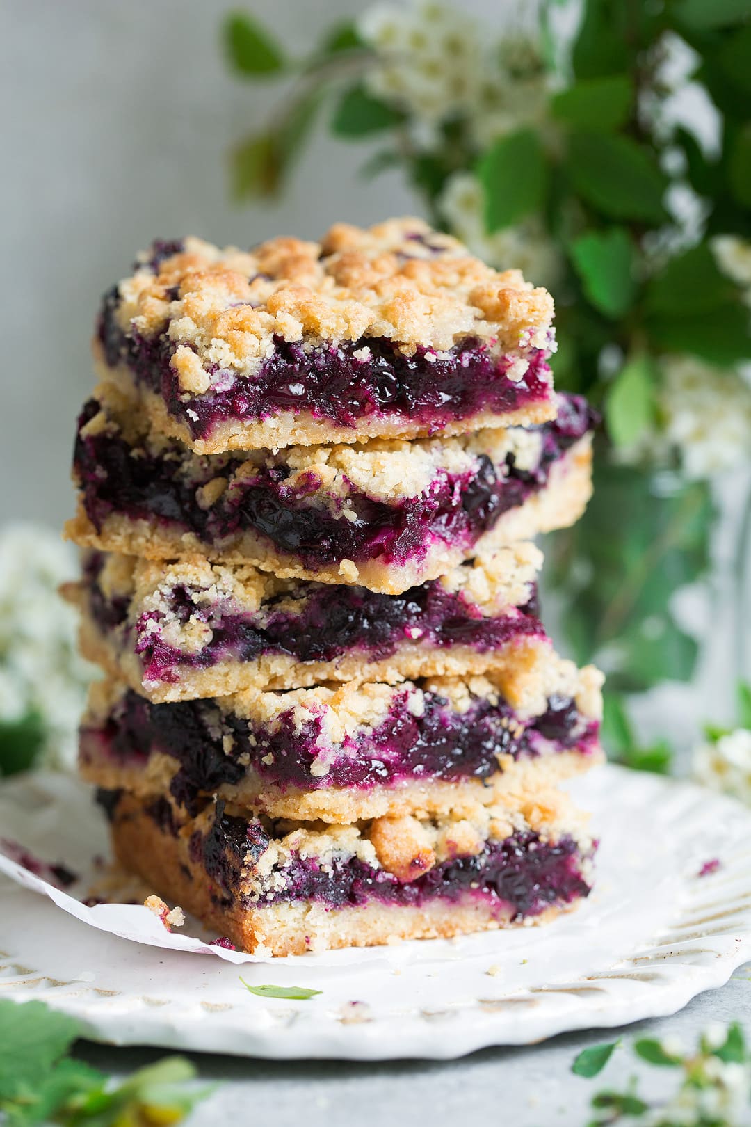 stack of 5 blueberry bars on white plate
