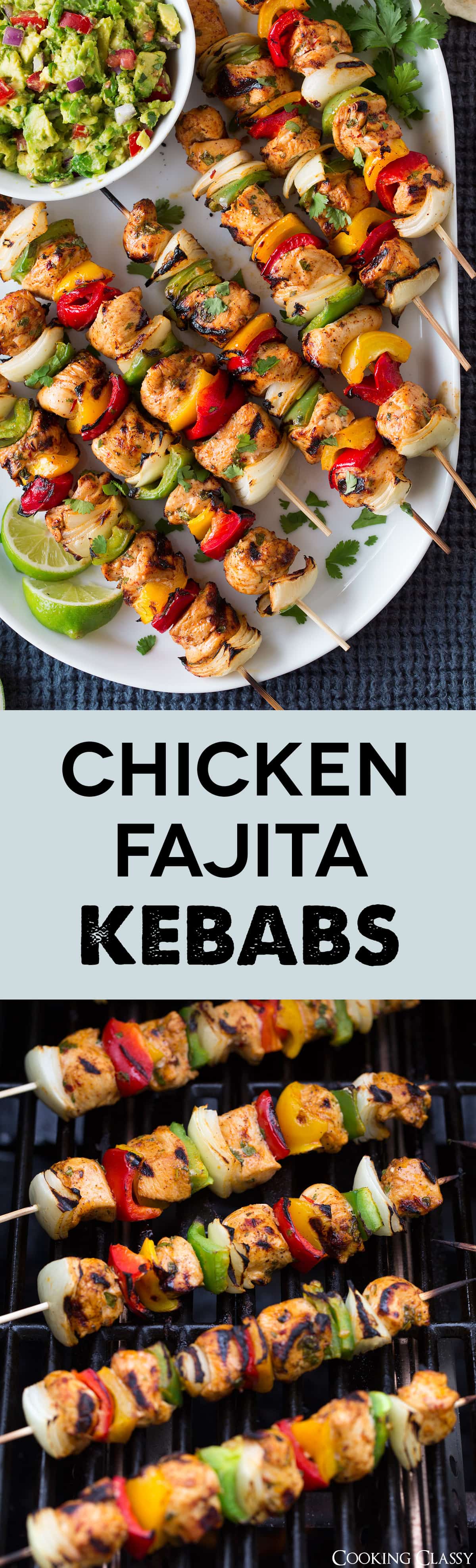 Chicken Fajita Kebabs - chicken pieces are soaked in a bright, citrusy, well season marinade then threaded onto skewers along with fresh bell peppers and onions. Then they're grilled over hot flames to give them that fire kissed flavor we all crave! Such a fun twist on the classic chicken fajitas. via @cookingclassy #chickenfajitas #grilled #chicken #kebabs #skewers #recipe #healthyrecipe #summer