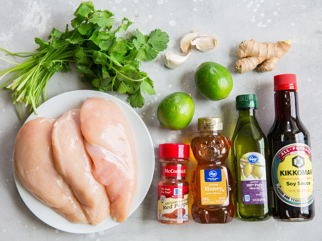 Honey Lime Chicken ingredients chicken breasts cilantro cayenne pepper honey olive oil soy sauce ginger garlic limes
