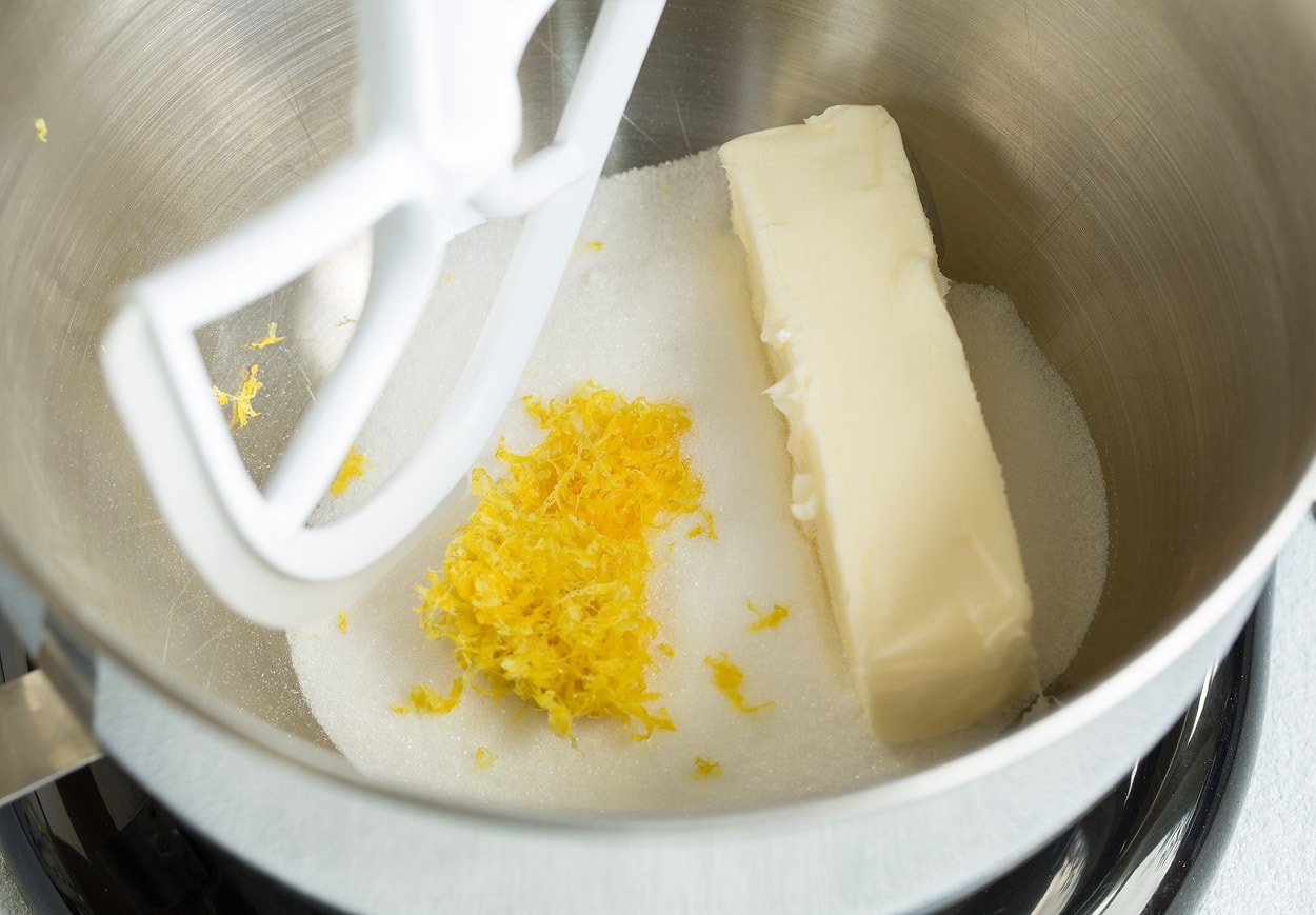 mixing butter sugar lemon zest in stand mixer
