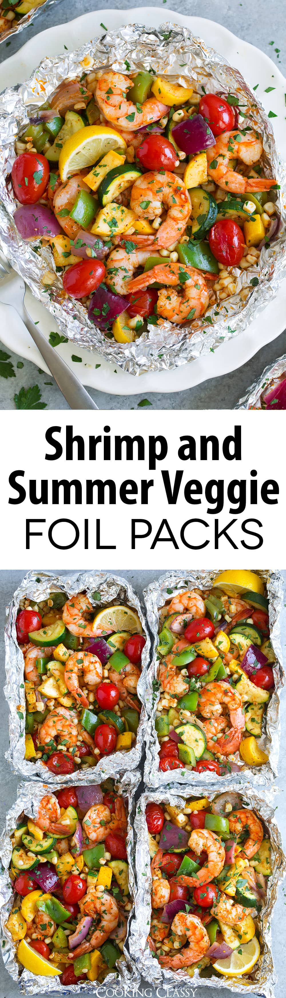 Shrimp and Summer Veggie Foil Packs - the best way to use up all those summer veggies in season! So much flavor, tons of nutrition and perfectly filling. Grill or bake these packets. #shrimpfoilpacks #summer #dinner #cookout #shrimp #vegetable #recipe