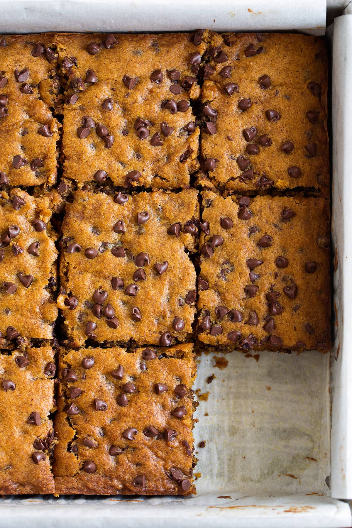 Pumpkin Bars with Chocolate Chips in baking dish