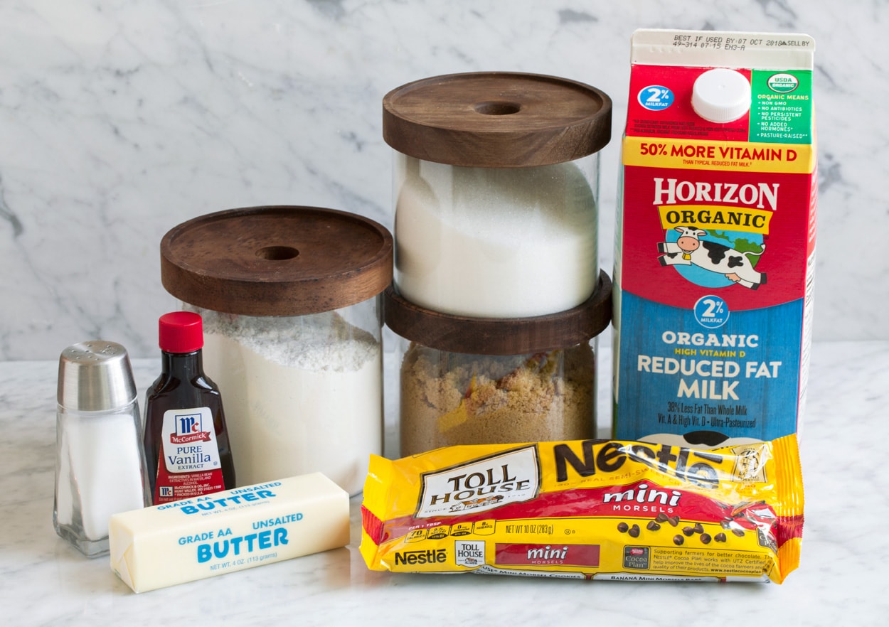 Ingredients for edible cookie dough milk sugar brown sugar butter vanilla flour salt chocolate chips