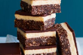 Image of four stacked Nanaimo bars with two resting on the side.