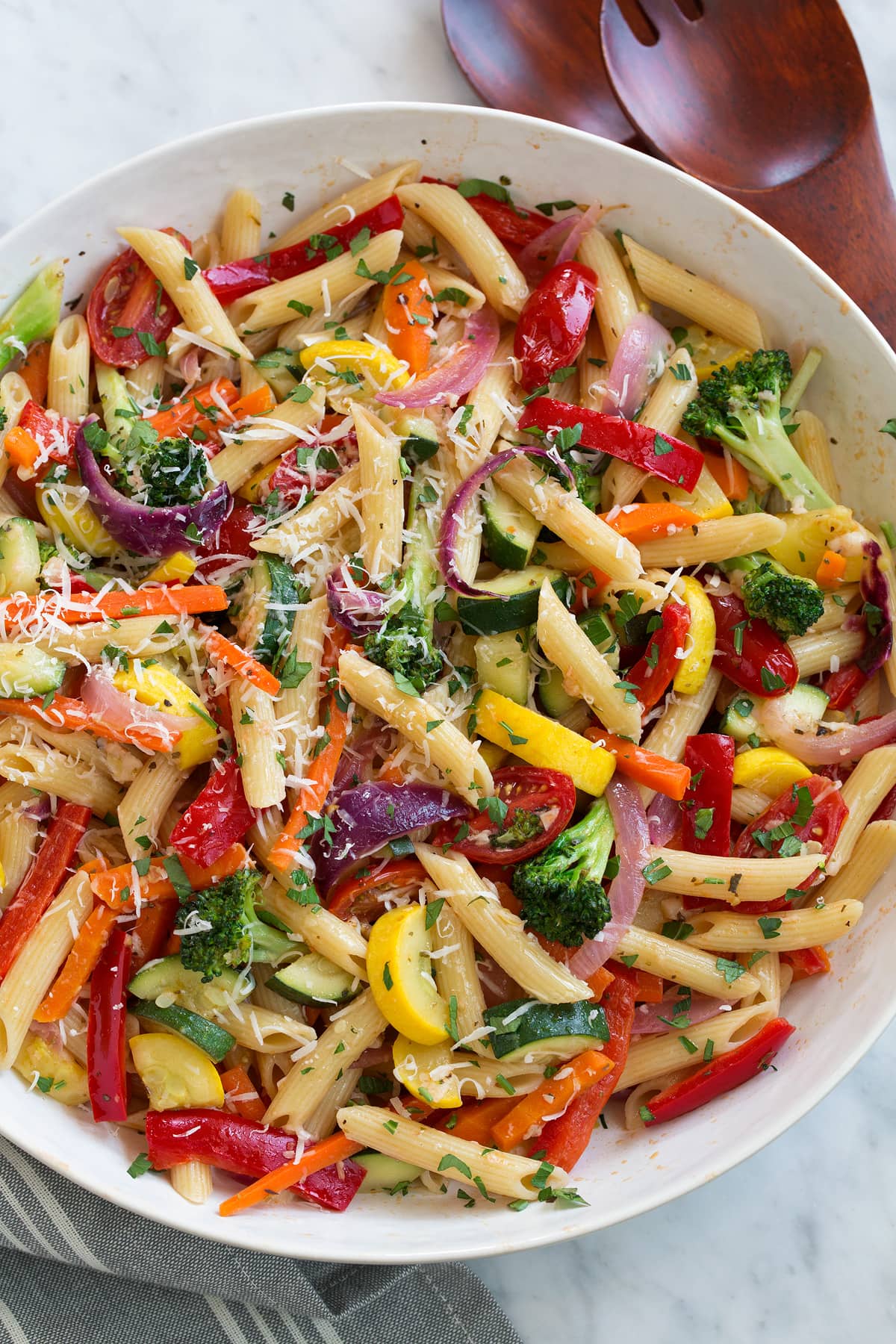 Pasta Primavera with colorful vegetables in a serving bowl