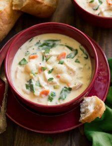 Serving of creamy chicken gnocchi soup in a red soup bowl.