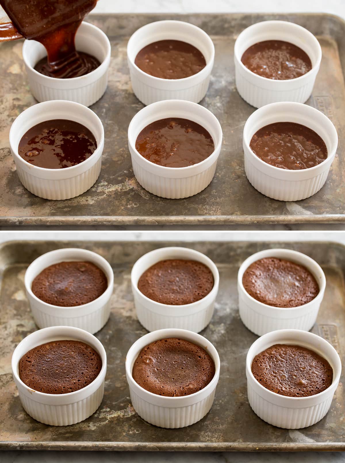 Molten lava cake batter being poured in custard cups then also shown after baking.