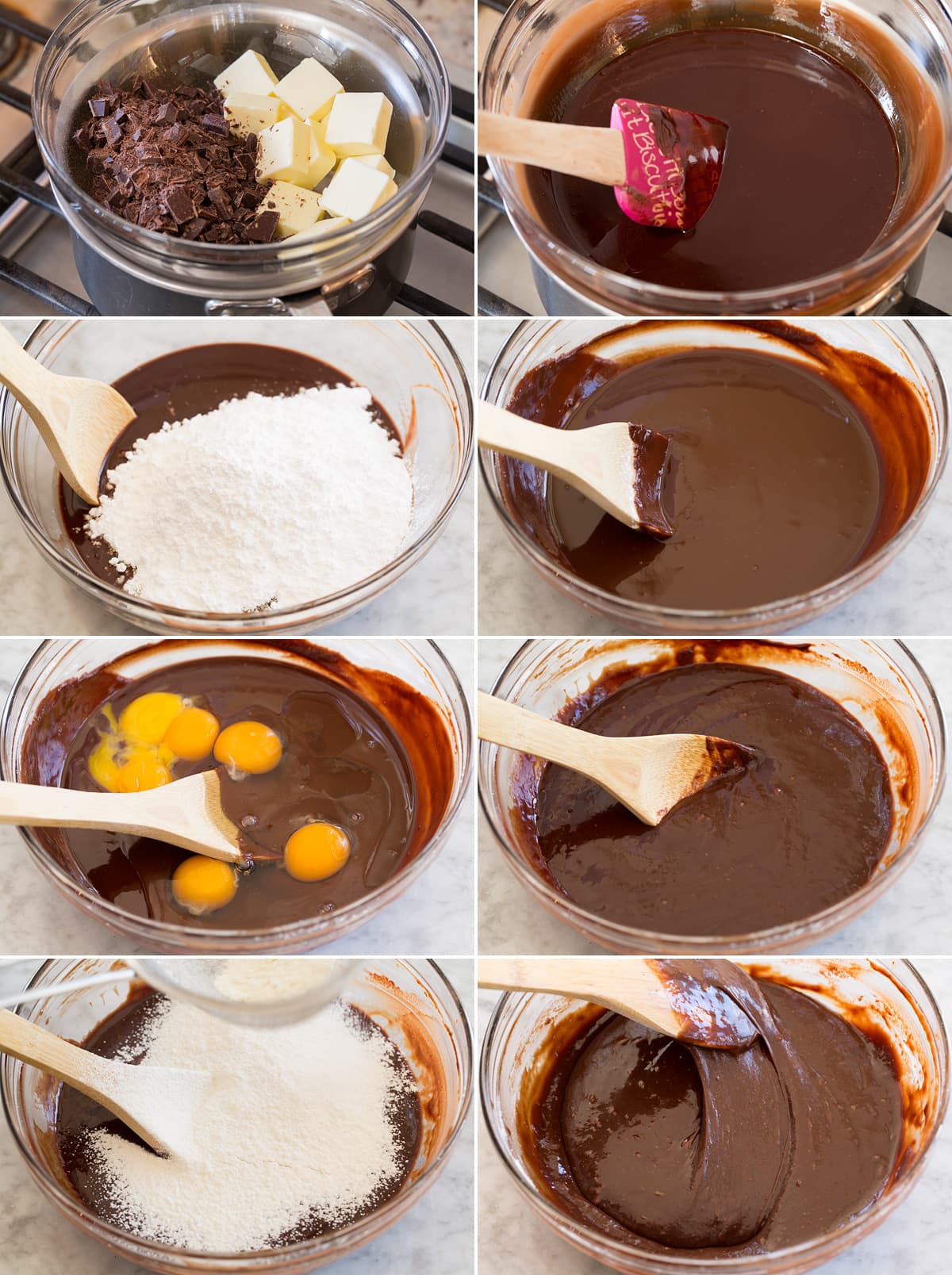 Collage of photos showing steps of making chocolate lava cake batter in a mixing bowl.