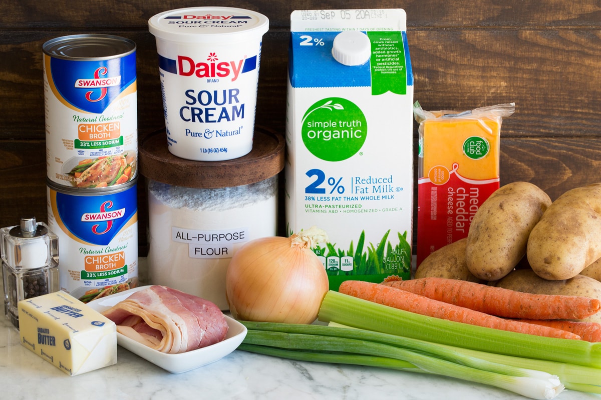 Photo of ingredients used to make homemade potato soup. Includes russet potatoes, milk, carrots, celery, yellow onion, flour, sour cream, butter, chicken broth, salt, pepper and optional bacon, green onions, and cheddar cheese.