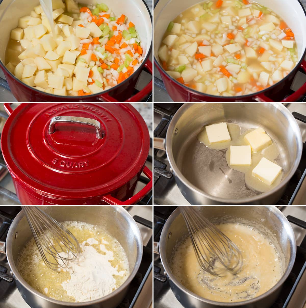 Collage of six photos showing steps to making potato soup. Shows simmering potatoes, carrots, celery and onion in chicken broth. Then includes first steps of making roux by melting butter and mixing with flour.