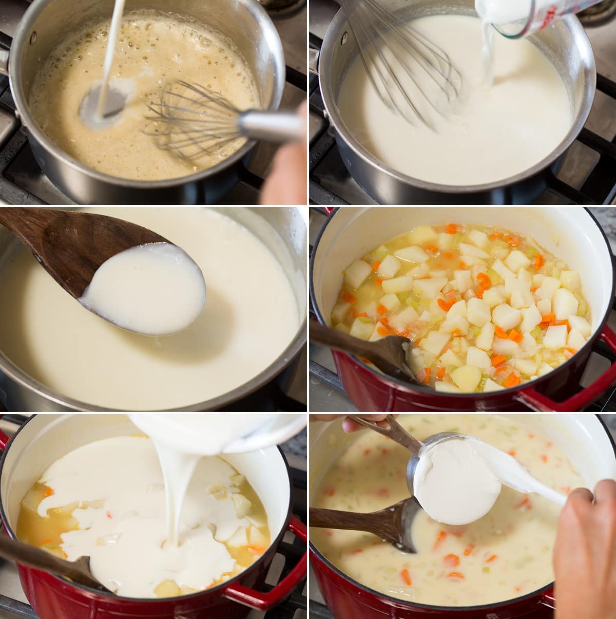 Collage of six images showing continued steps of making potato soup. Includes mixing dairy into roux, then pouring into cooked potato mixture, then finishing with sour cream.