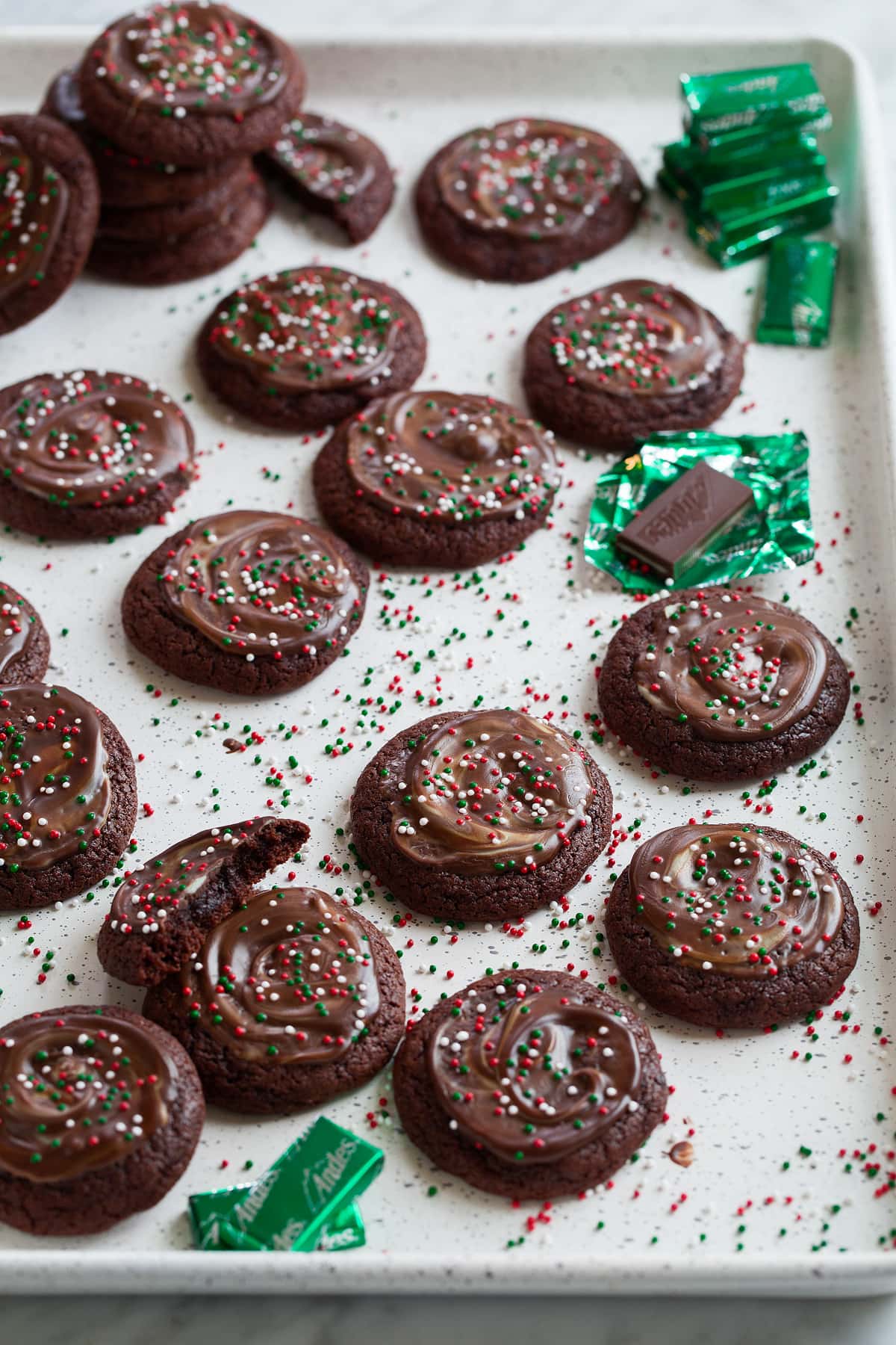 Chocolate cookies with melted andes mints on top.