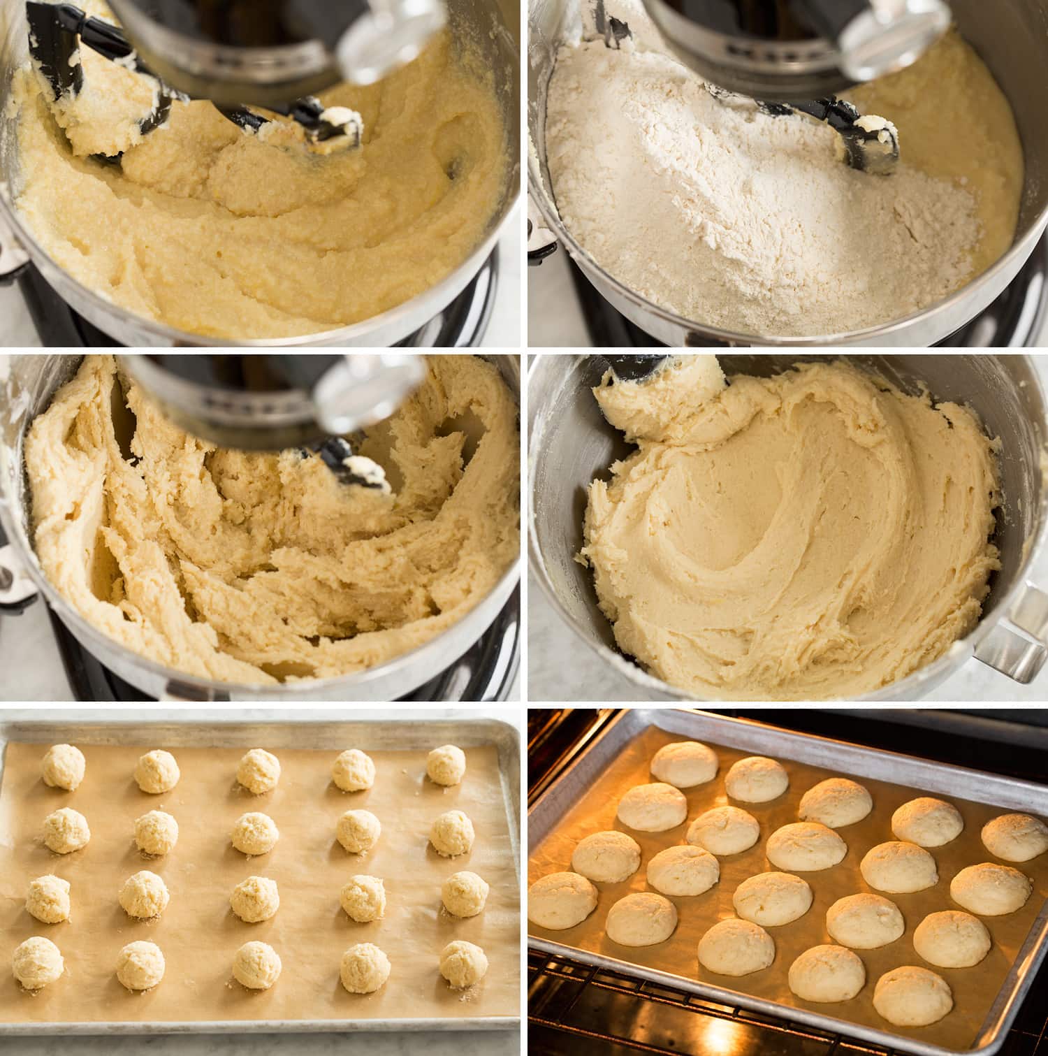 Six photos showing how to finish and shape ricotta cookie dough on baking sheet.