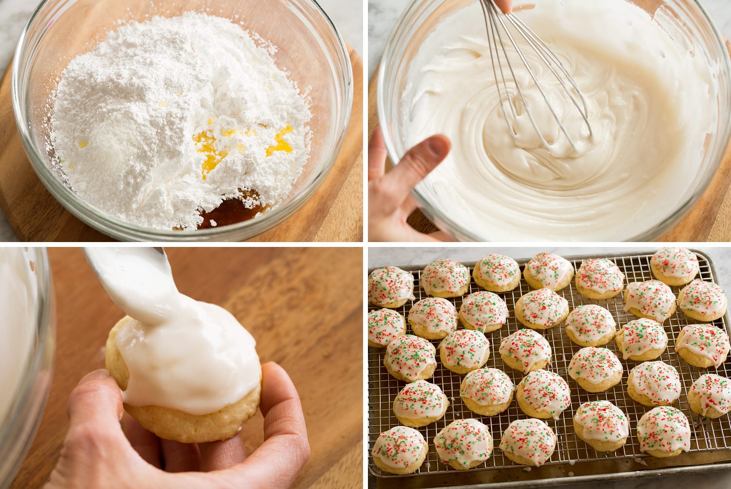 Four photos showing how to ice ricotta cookies.