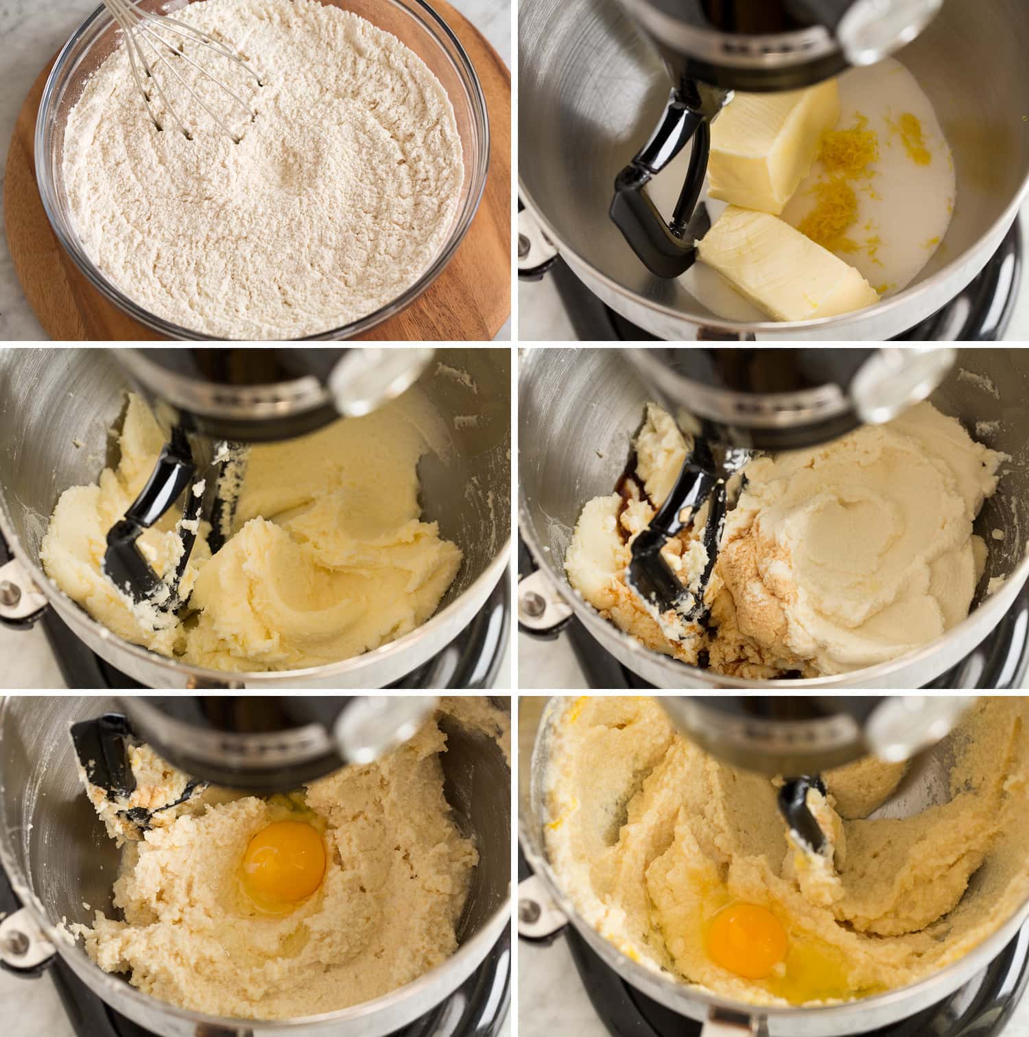 Six photos showing how to make ricotta cookie dough.