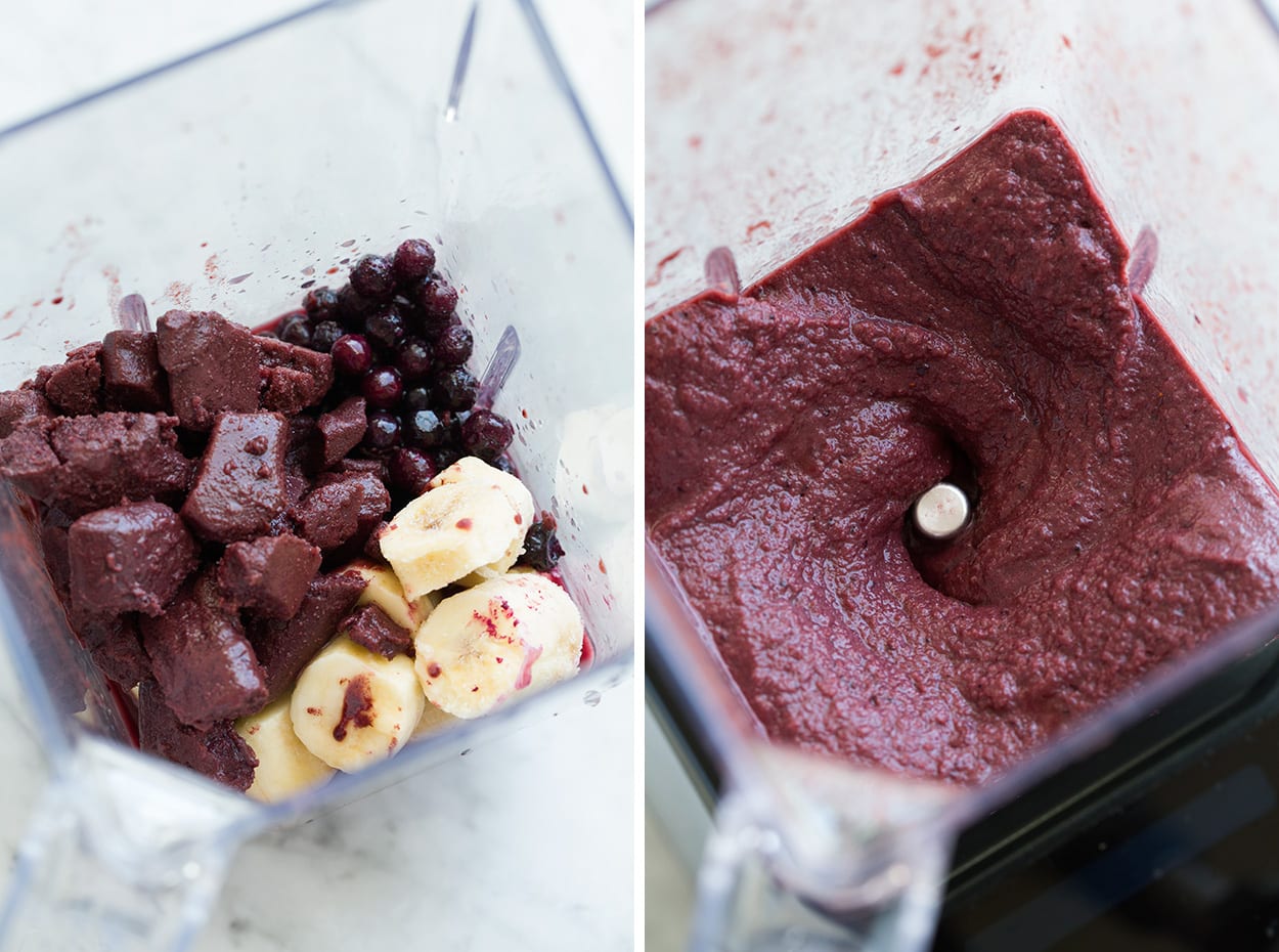 Showing how to make an acai bowl in a blender.