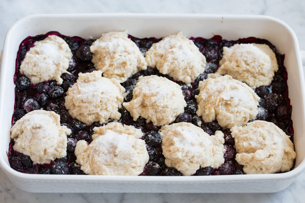 unbaked Blueberry Cobbler with raw biscuit topping