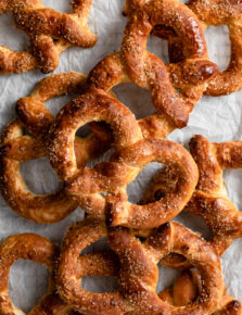 Pile of soft homemade auntie anne's style pretzels.