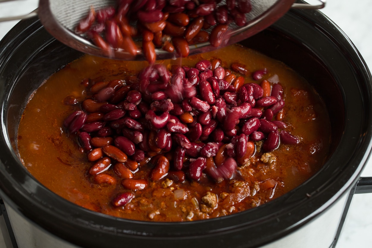Adding kidney beans to chili after is has cooked on low heat 5 - 6 hours.