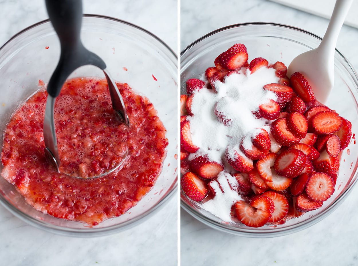 Showing how to mash strawberries in a glass mixing bowl with potato masher to use in strawberry shortcake. Then second image attached showing adding sliced strawberries and sugar.