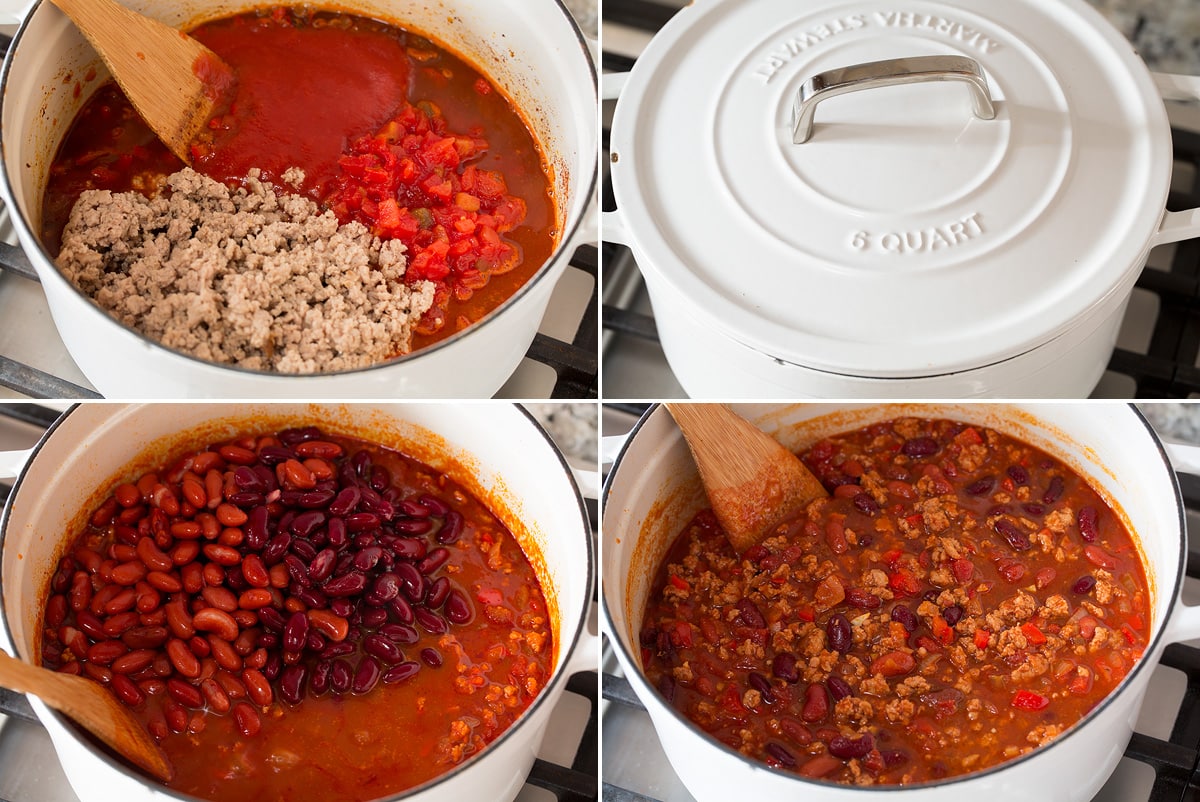 Collage of four photos showing continued steps of making turkey chili. Includes adding liquids and cooked turkey back into pot, covering pot to simmer. Then finishing with kidney beans.