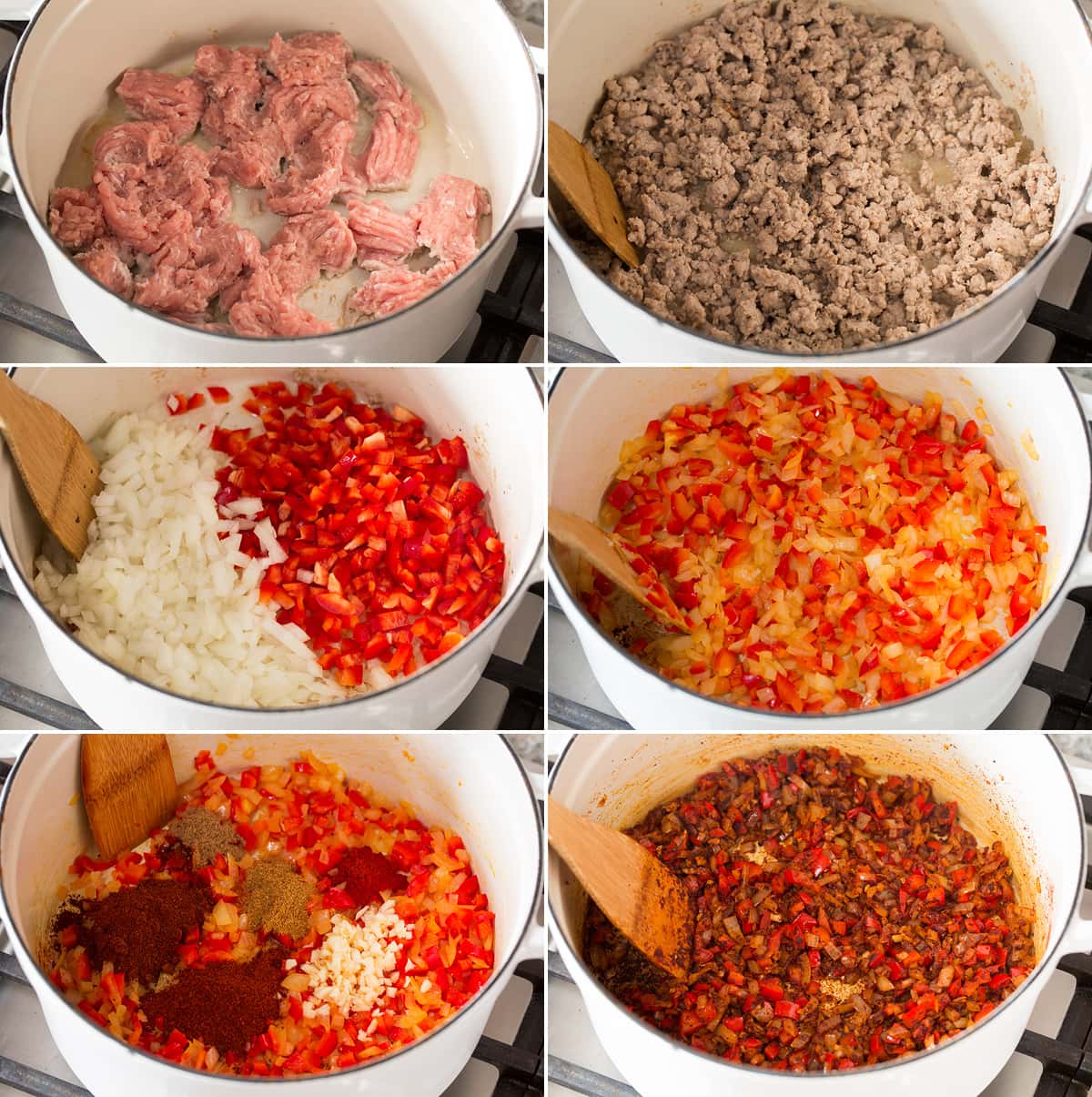 Collage of six photos showing steps of making turkey chili. Includes browning chili in the pot, sauteeing bell pepper and onion. Adding garlic and spices and then sauteeing.