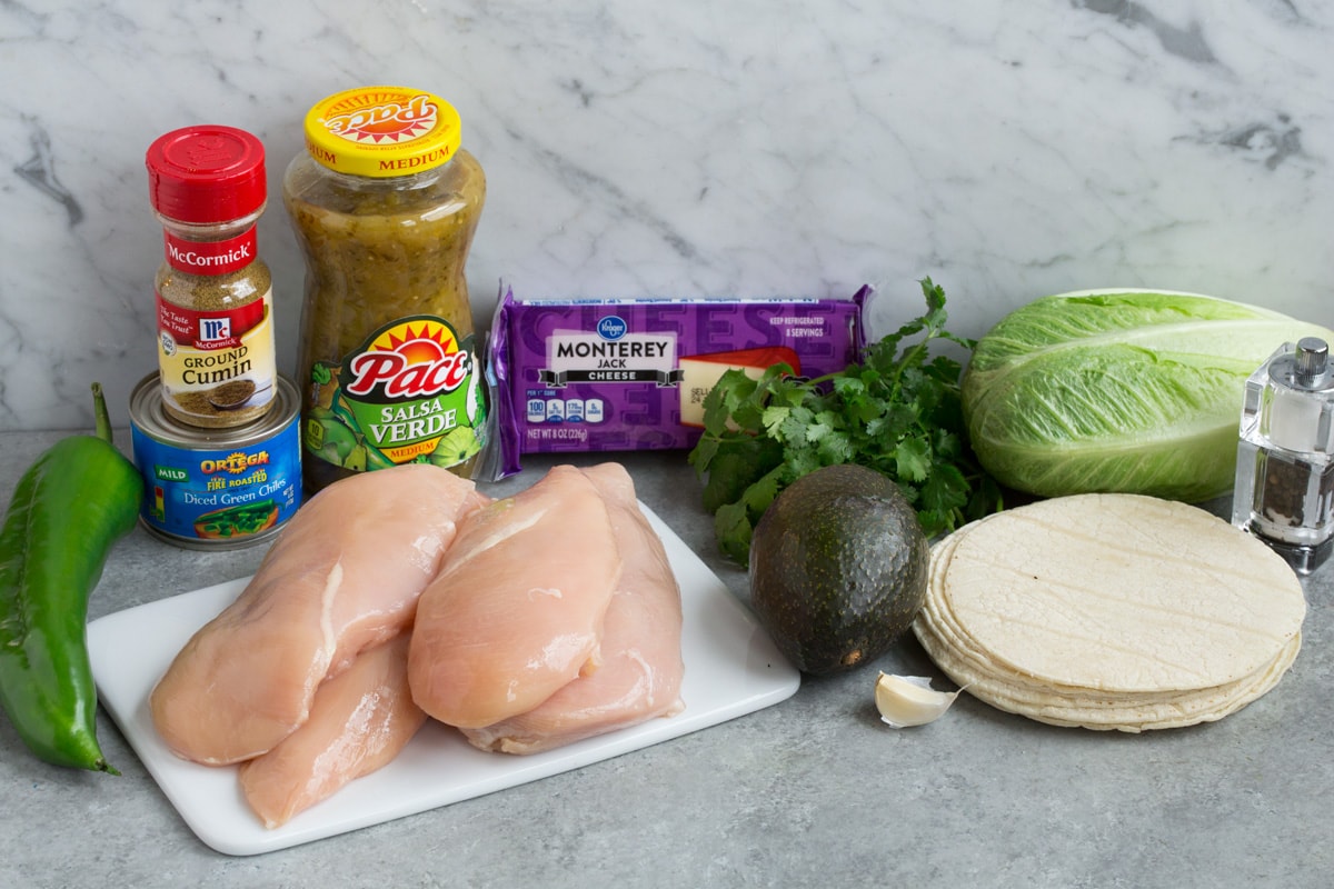Ingredients needed to make Salsa Verde Chicken and tacos shown here.