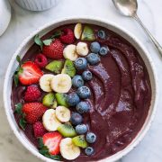 Acai bowl topped with fresh fruit