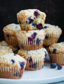 Stack of homemade blueberry muffins on a plate.